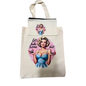 Lets Bake Some Sh*tRetro Pin-up Canvas Tote Bag and Zipper Pouch Set Cream